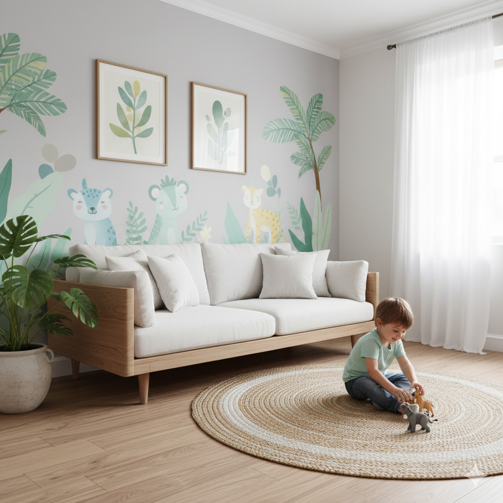 Adesivo de parede personalizado decorando uma sala de estar.