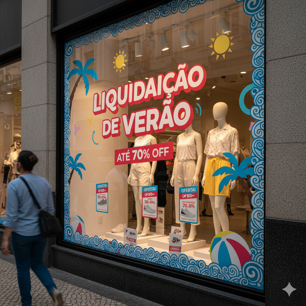 Vitrine de loja decorada com adesivos de promoção.
