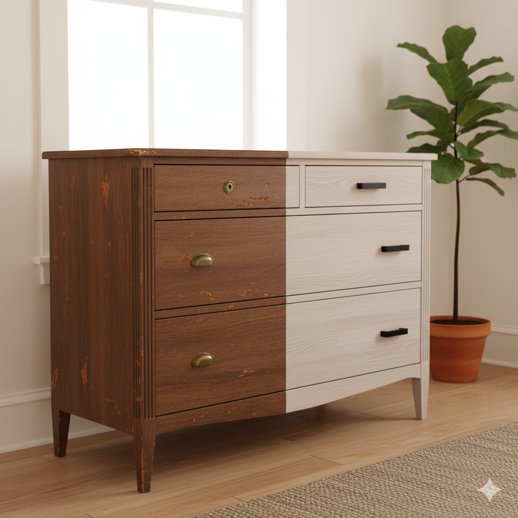 Móvel antigo envelopado com adesivo que imita madeira.